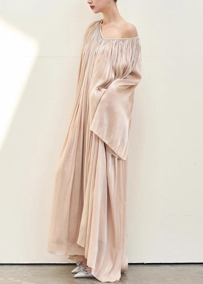 Elegant Pink V Neck Wrinkled Silk Maxi Dresses Fall