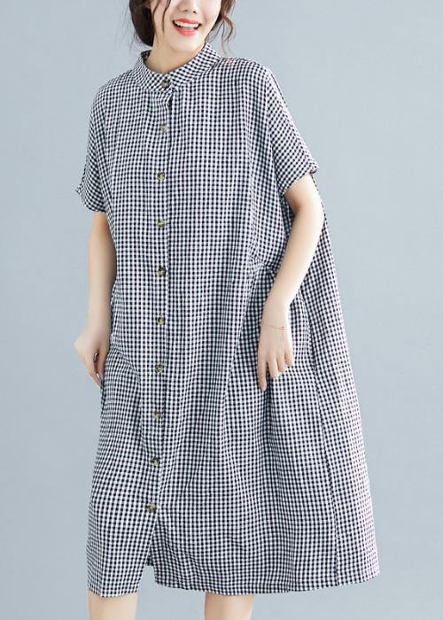 Plus Size Black White Plaid Cotton Pockets Summer Dress