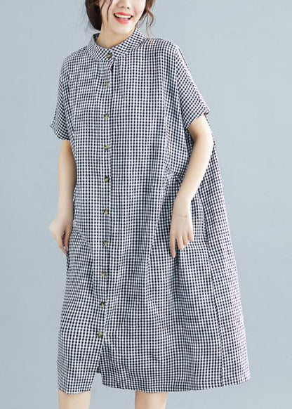Plus Size Black White Plaid Cotton Pockets Summer Dress