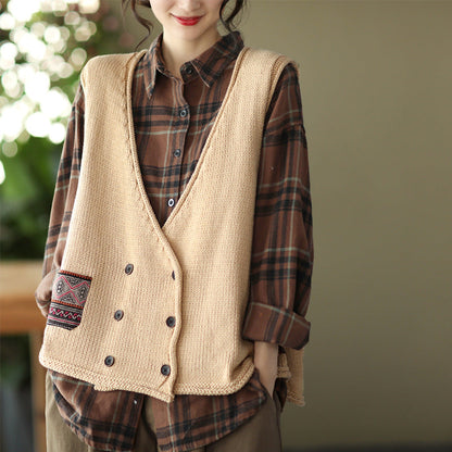 Vintage Knit Loose Double-Breasted Patch Vest
