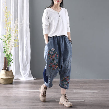 Denim Floral Pocket Low Drop Crotch Embroidered Jeans