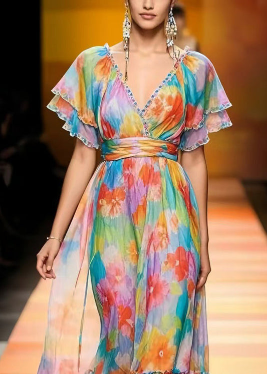 Elegant Multicolour Cinched Print Chiffon Vacation Dresses Summer