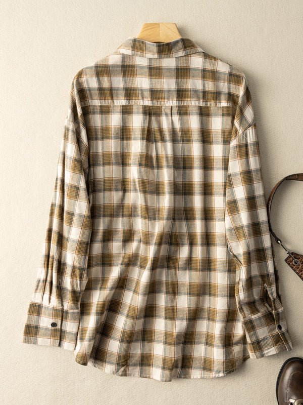 100% Natural Fabric Vintage Loose Mid Length Plaid Shirt