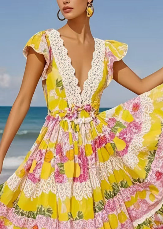 Bohemian Yellow Print Exra Large Hem Cotton Sundress Sleeveless