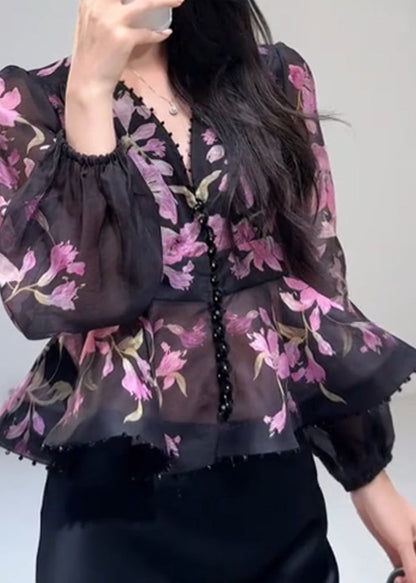 Vintage Black V Neck Print Top Lantern Sleeve