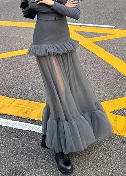 Slim Fit Grey Ruffled Tulle Patchwork Maxi Skirts Spring