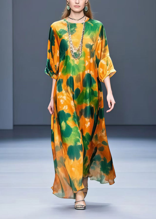 Women Orange Oversized Leaf Print Chiffon Dress Half Sleeve