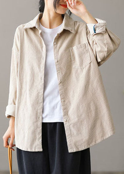 Beautiful Tibetan blue Pocket button Peter Pan Collar Corduroy Blouse Tops Long Sleeve