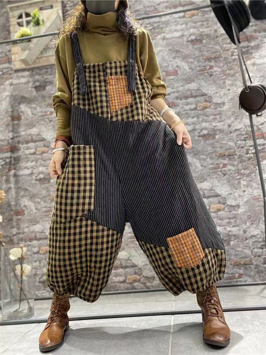Women Plaid Thick Baggy Vintage Overalls Jumpsuit