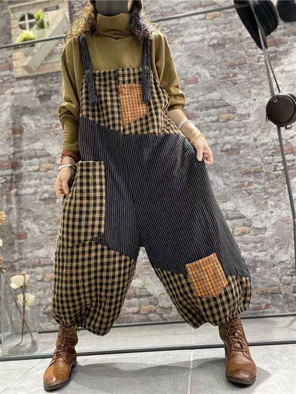 Women Plaid Thick Baggy Vintage Overalls Jumpsuit