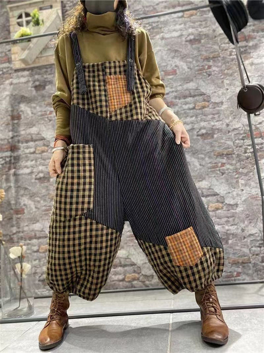 Women Plaid Thick Baggy Vintage Overalls Jumpsuit