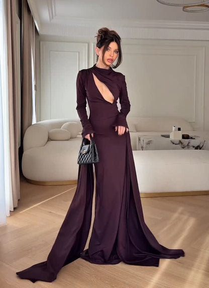 Sexy Long Sleeve Hollow out Solid Color Lace-up Dress