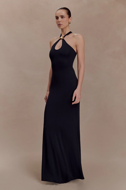 Black Halter Neck Metal Ring Cutout Sleeveless Bodycon Maxi Dress
