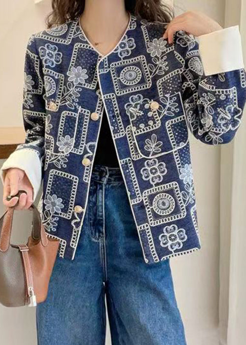 Chic Blue Embroidered Sequins Denim Coats Spring
