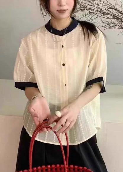 Elegant Apricot Embroidered Button Cotton Shirts Summer