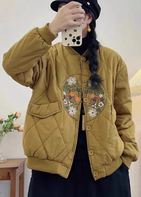 Women Yellow Embroidered Pockets Fine Cotton Filled Coats Spring