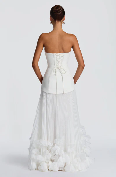 White Strapless Lace-Up Corset Pleated 3D Floral Hem Evening Gown