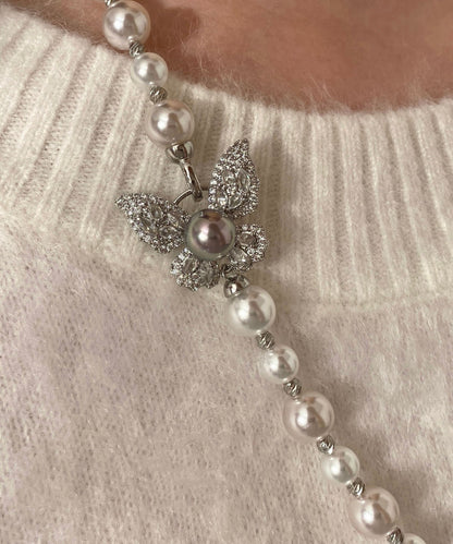 Unique Rose Butterfly Pearl Silver Choker