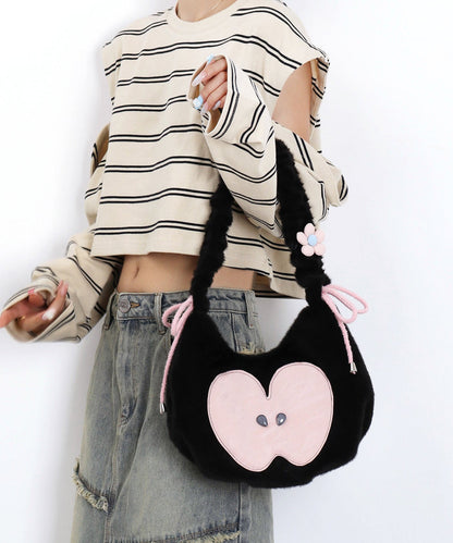 Cute Black Apple Patchwork Fuzzy Fur Fluffy Shoulder Bags