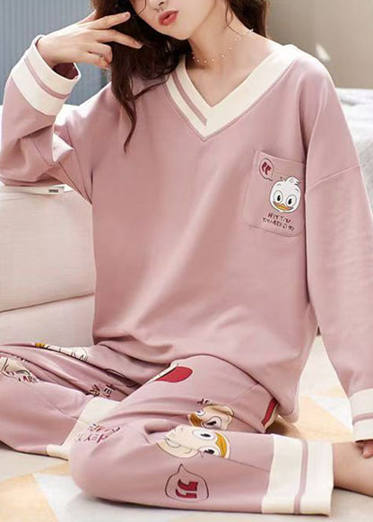 Pink Print Pockets Patchwork Cotton Pajamas Two-Piece Set V Neck Fall