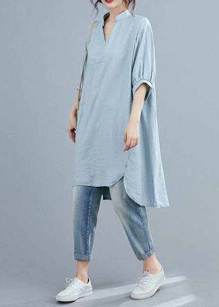 Organic v neck lantern sleeve summer blouses for women Sleeve light blue shirt