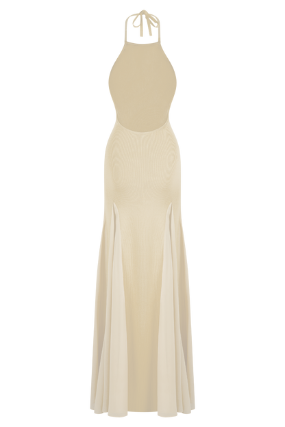Soleil Knit And Mesh Halter Maxi Dress - Cream