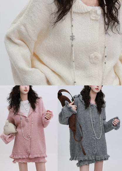 Fine White Hooded Flower Decorated Knit Two Pieces Set Winter