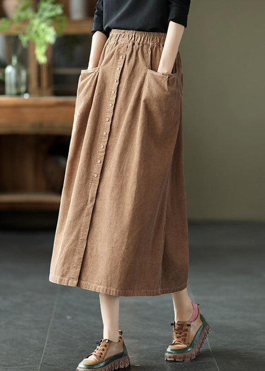 Women Khaki elastic waist button Pockets Corduroy Skirts