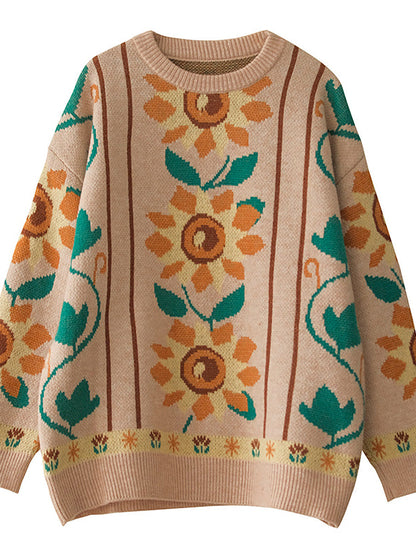 Women Floral Knitted O Neck Long Sleeve Sweater