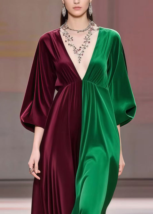 Classy Colorblock V Neck Patchwork Silk Dress Bracelet Sleeve