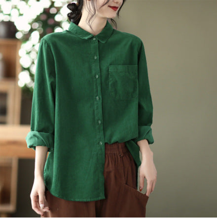 Women Spring Artsy Button Pocket Corduroy Solid T-shirt