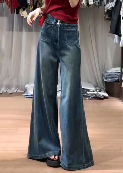 Fashion Navy High Waist With Pockets Denim Bell-bottom Trousers Fall