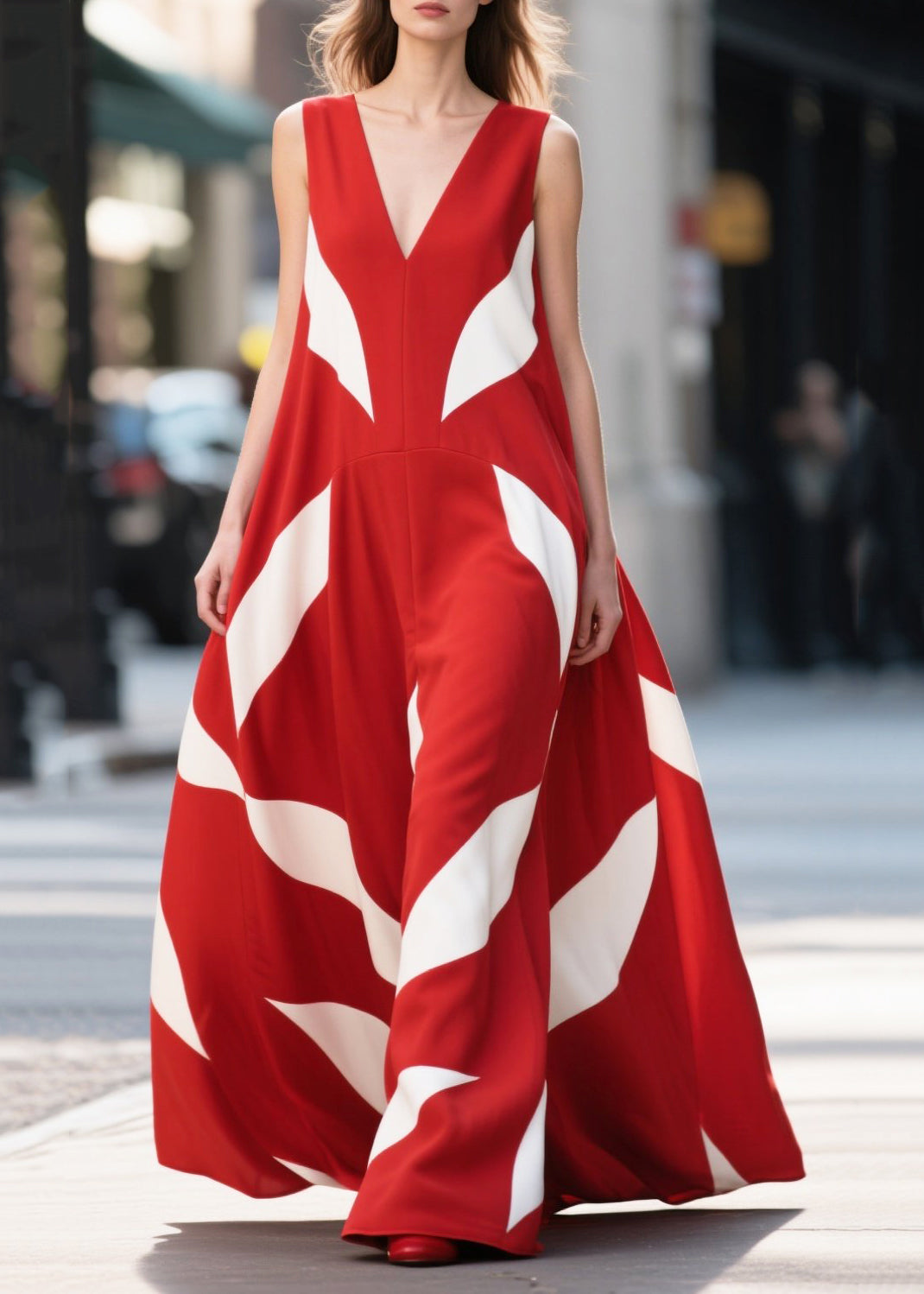 Women Red Print Exra Large Hem Chiffon Long Dress Summer