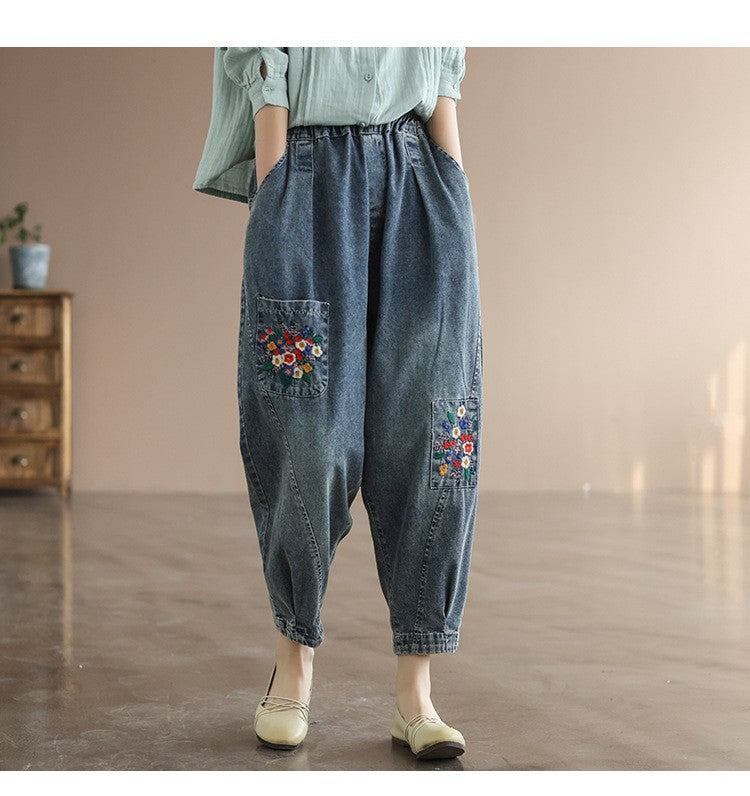 Pocket Embroidery High Waist Literary Retro Nine-point Harem Pants