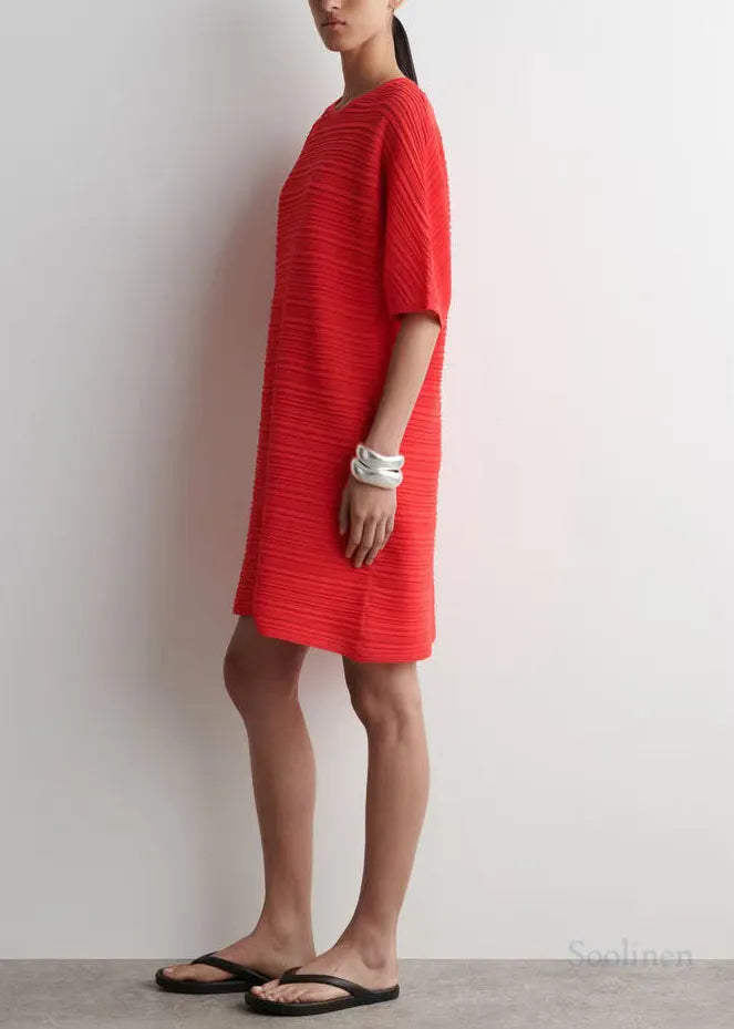 Elegant Pink Oversized Wrinkled Cotton Mid Dress Summer