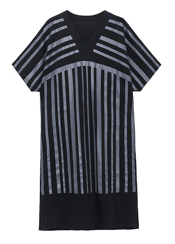 Chic White Striped Cotton Dress V Neck Summer Long Dresses