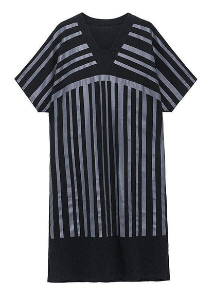 Chic White Striped Cotton Dress V Neck Summer Long Dresses