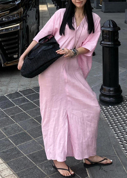 Casual Pink V Neck Cotton Long Dresses Summer
