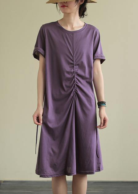 Bohemian o neck Cinched Cotton summer dress Sewing blue Dresses