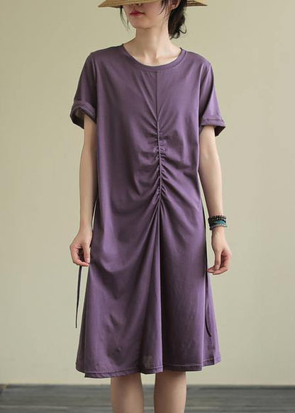 Bohemian o neck Cinched Cotton summer dress Sewing blue Dresses