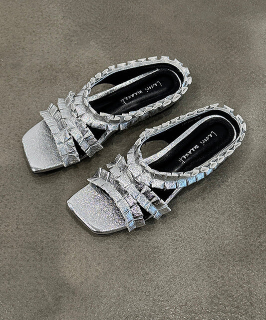 2025 New Black Wrinkled Sheepskin Slide Sandals Peep Toe