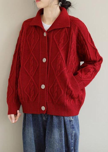 Red Knitted Top Stand Collar Pockets Oversized  Knitwear