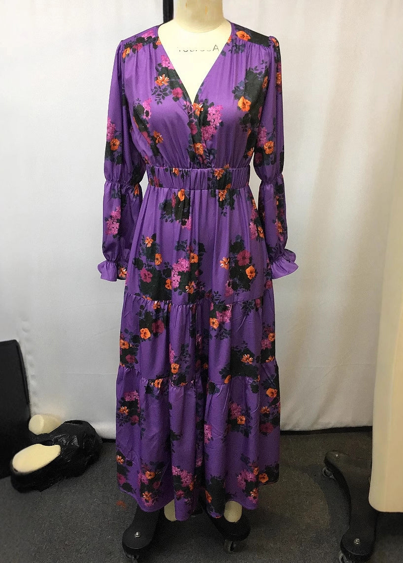 Boho-Purple-V-Neck-Print-Patchwork-Chiffon-Holiday-Dress-Spring