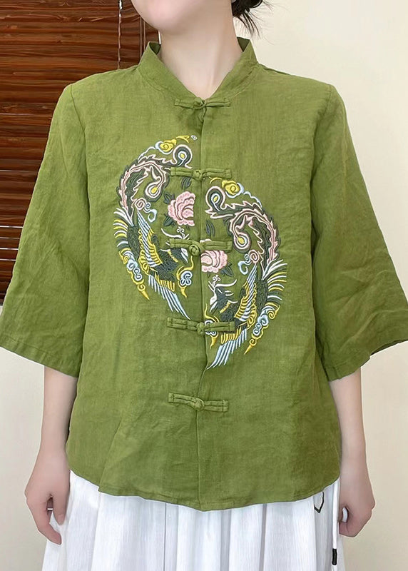 2022 Green Embroideried Linen Shirt Top Half Sleeve