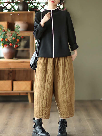 Women Striped Solid Pocket Elastic Waist Harm Pants