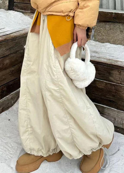 Women Apricot Drawstring Elastic Waist Cotton Filled Wide Leg Pants Winter