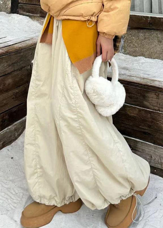 Women Apricot Drawstring Elastic Waist Cotton Filled Wide Leg Pants Winter