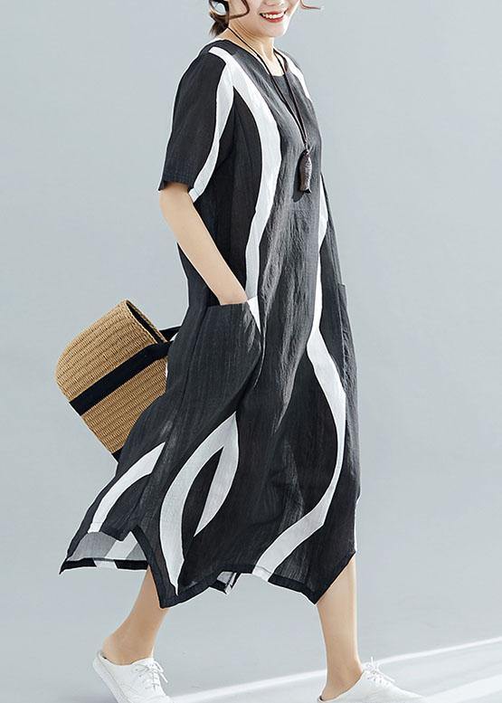 Chic black striped Chiffon quilting clothes o neck asymmetric Kaftan summer Dress