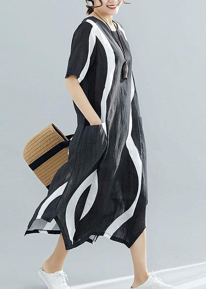 Chic black striped Chiffon quilting clothes o neck asymmetric Kaftan summer Dress