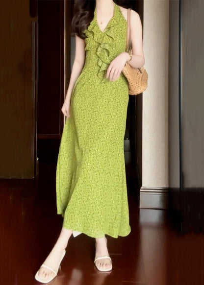 New Green Ruffled Print Cotton Long Dress Sleeveless